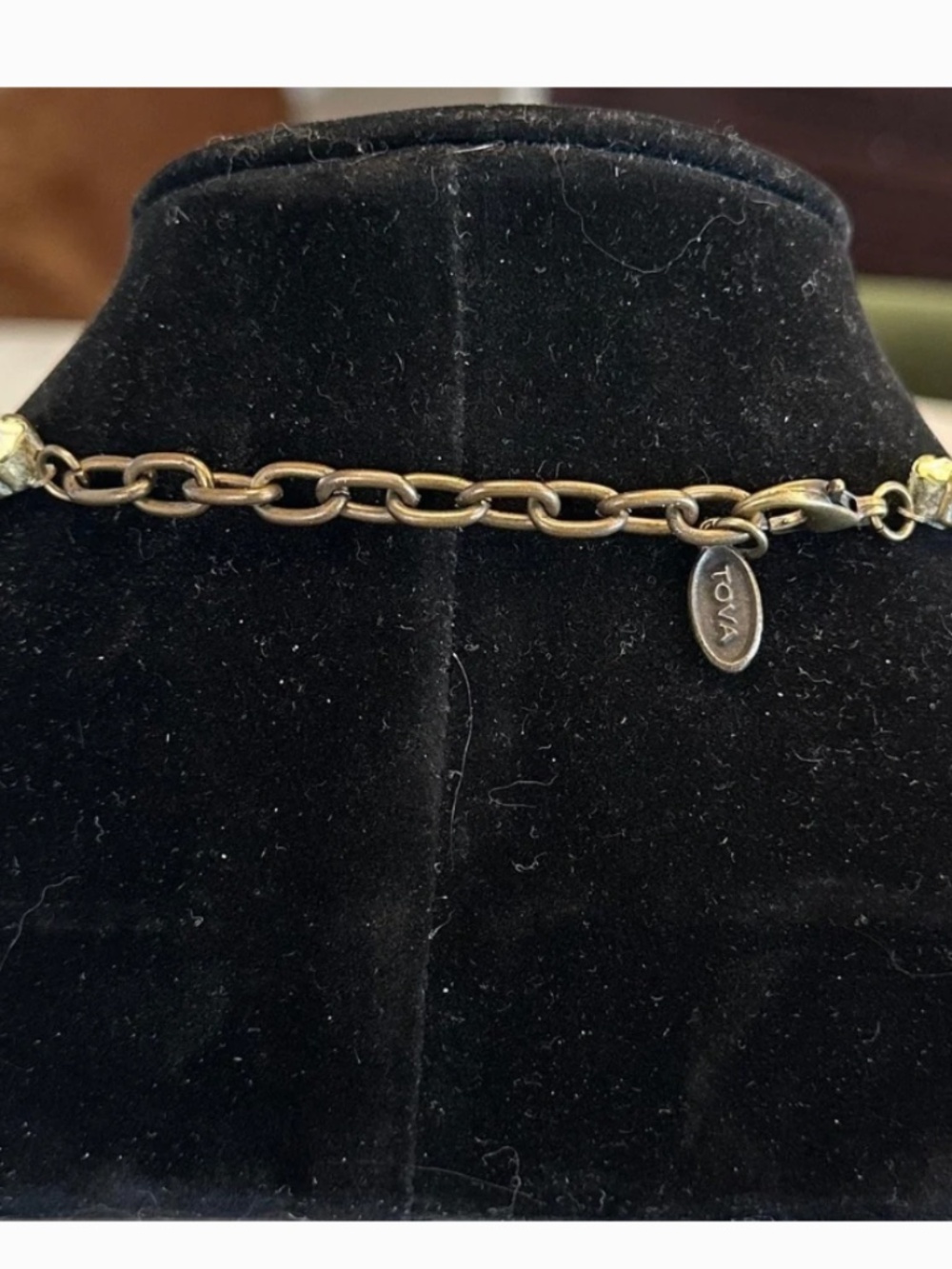 TOVA Vintage Inspired Crystal Necklace w/ Yellow Patina Wash in Brass - Picture 9 of 11